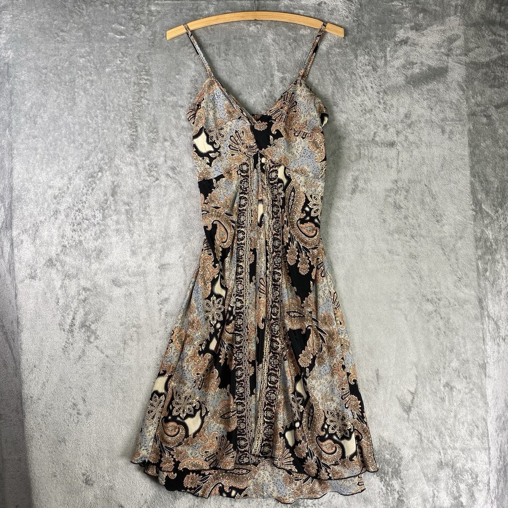 Y2K Babydoll Dress Womens Sz XS Paisley Metallic Gold Silk Fairy Slip Whimsigoth